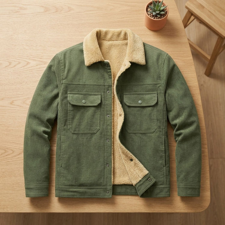 Herren Winterjacke Cord Sherpa-Gefütterte Knopfleisten-Jacke - Olivgrün (Armeegrün)