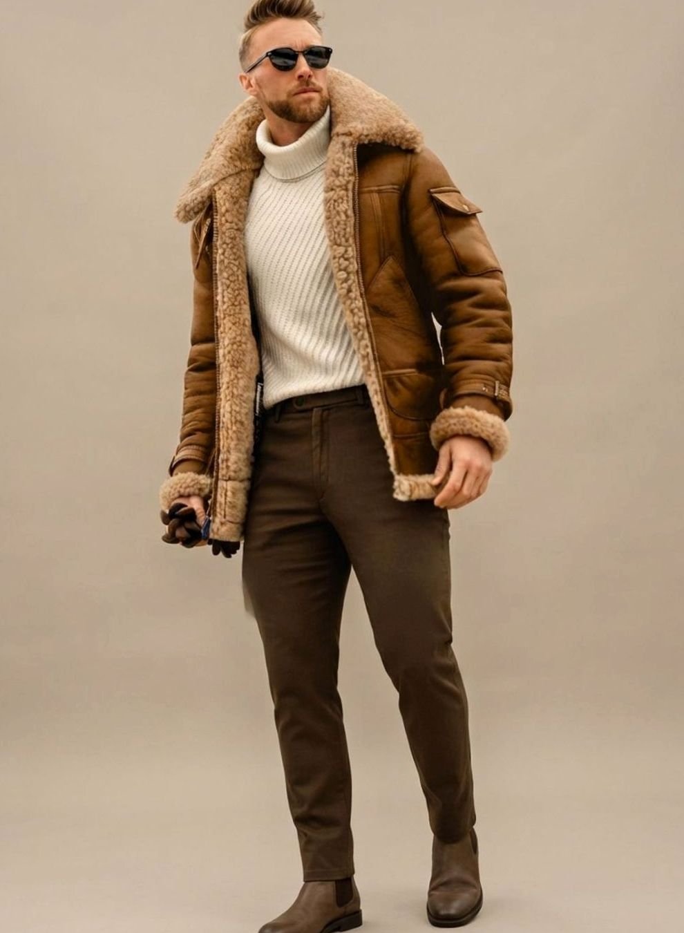 Herren Winterjacke gefüttert Kunstfell Leder-Optik Fliegerjacke - Beige
