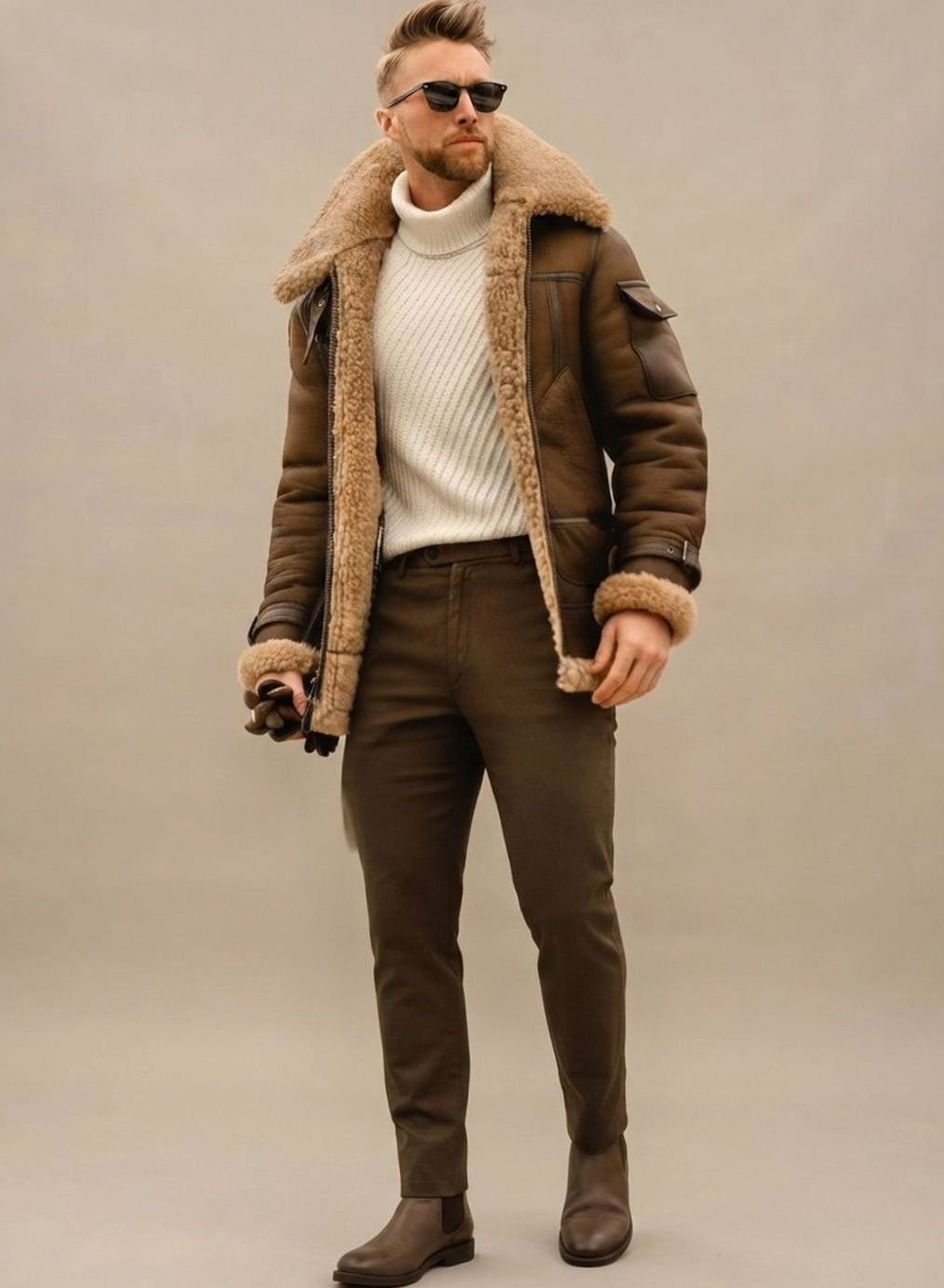 Herren Winterjacke gefüttert Kunstfell Leder-Optik Fliegerjacke - Dunkelbraun