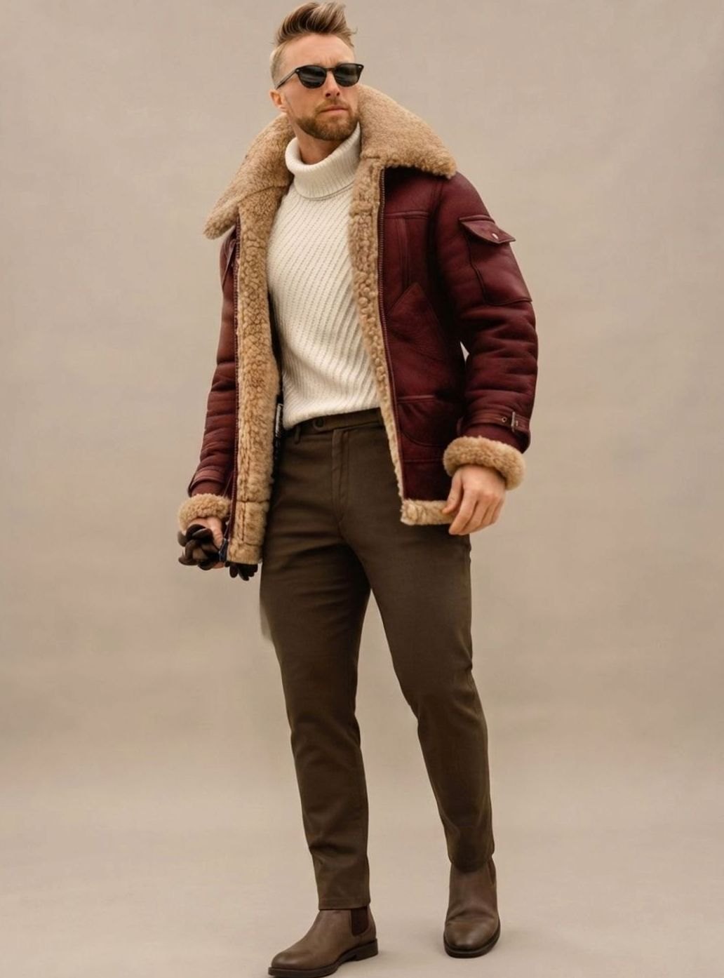 Herren Winterjacke gefüttert Kunstfell Leder-Optik Fliegerjacke - Weinrot
