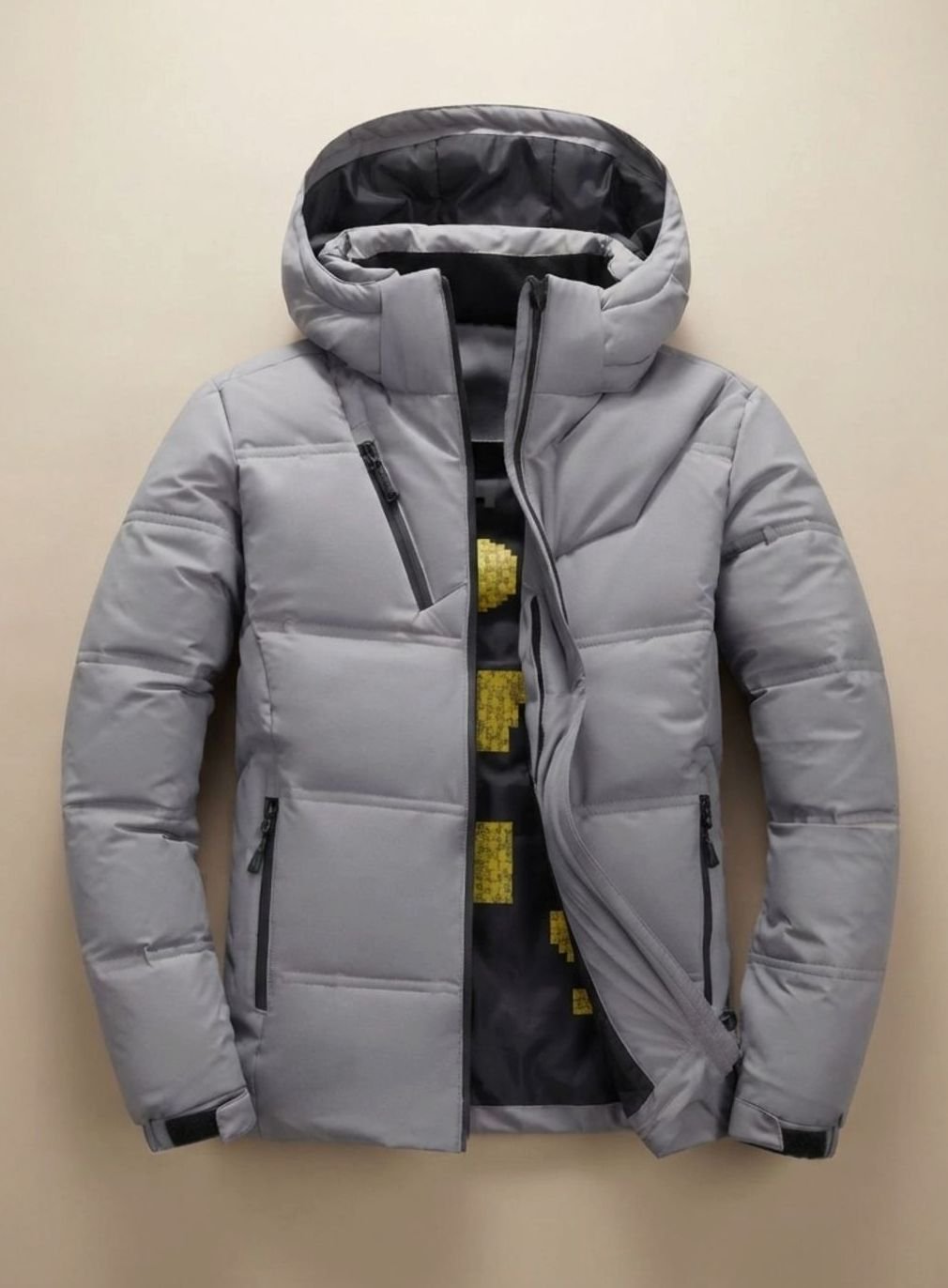 Herren Winterjacke Gefütterte Kapuzenjacke Abnehmbare Kapuze - Hellgrau