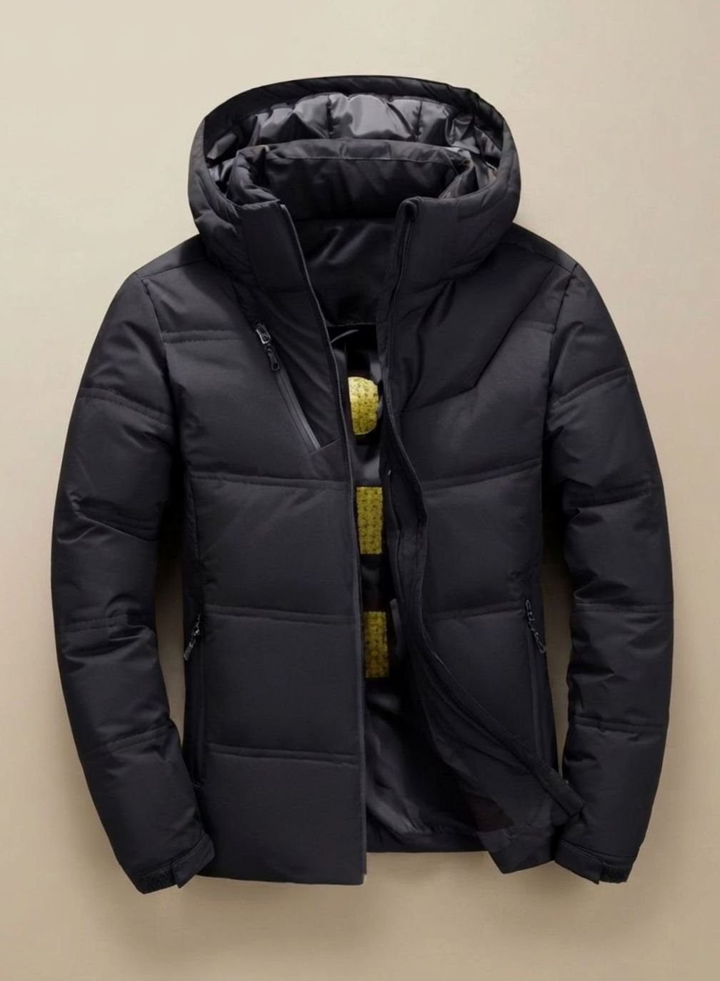 Herren Winterjacke Gefütterte Kapuzenjacke Abnehmbare Kapuze - Schwarz