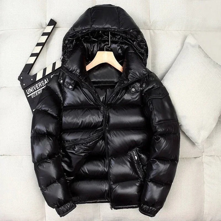 Herren Winterjacke Glänzende Daunen-Steppjacke mit Kapuze - Schwarz