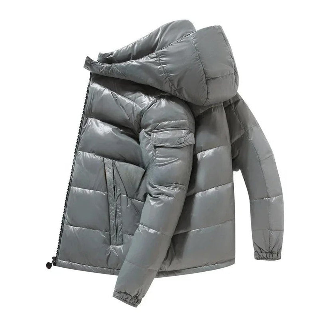 Herren Winterjacke Glänzende Daunen-Steppjacke mit Kapuze - Grau