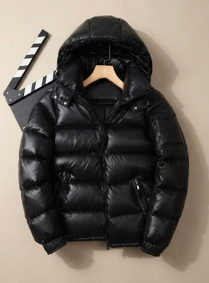 Herren Winterjacke Glänzende Winddichte Entendaunen Steppjacke - Schwarz