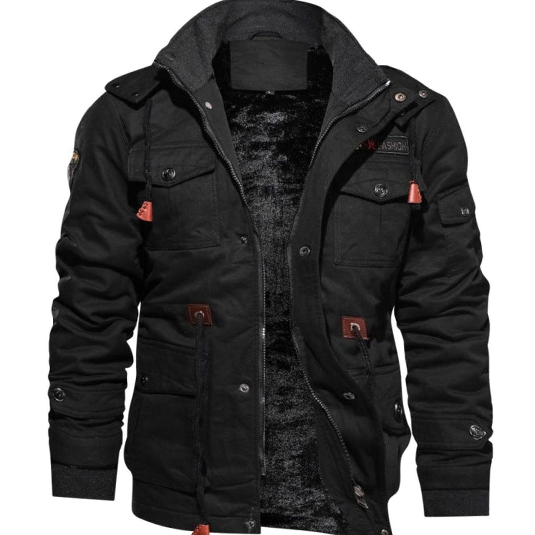 Herren Winterjacke Warm Fleece-gefüttert Cargo-Stil Stehkragen - Schwarz