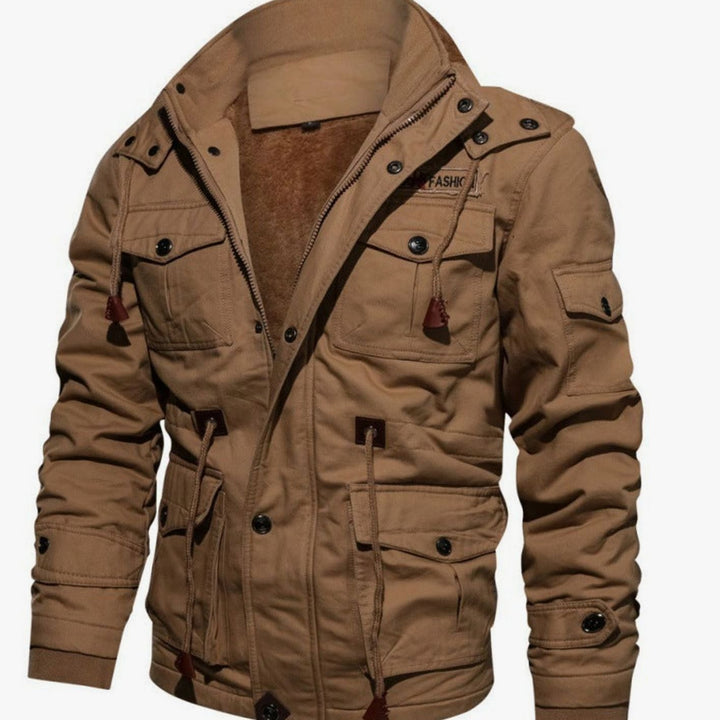 Herren Winterjacke Warm Fleece-gefüttert Cargo-Stil Stehkragen - Khaki