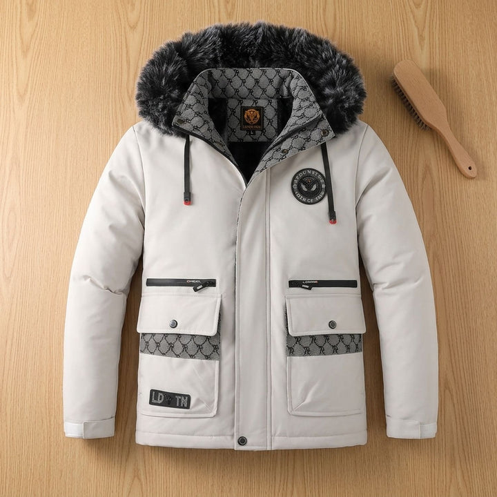 Herren Wintermantel mit Fellkapuze und Mehrfachtaschen - Weiß