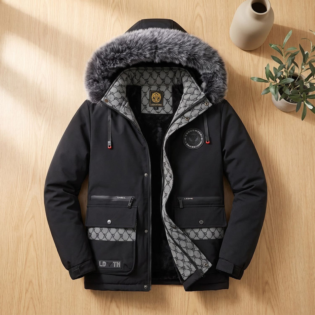 Herren Wintermantel mit Fellkapuze und Mehrfachtaschen - Schwarz