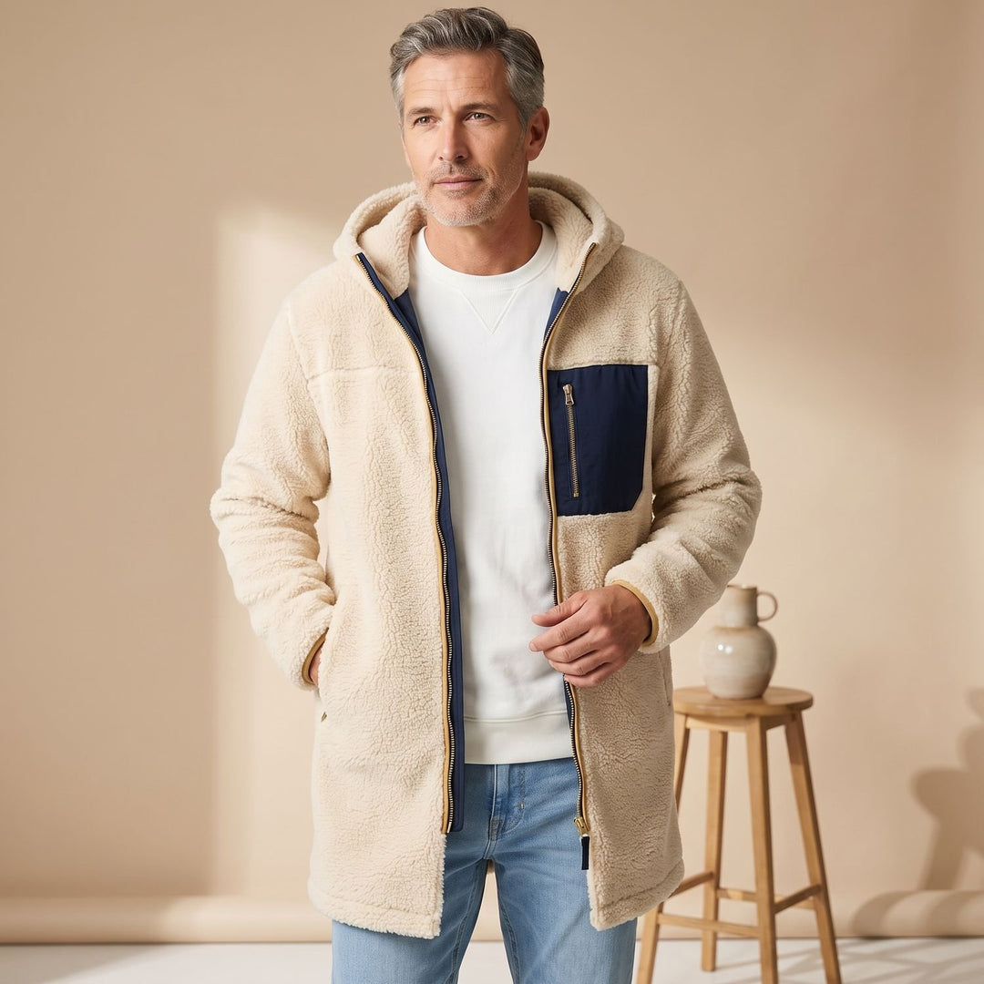 Herren Wintermantel wendbar Sherpa-Fleece mit Kapuze - Beige/Blau