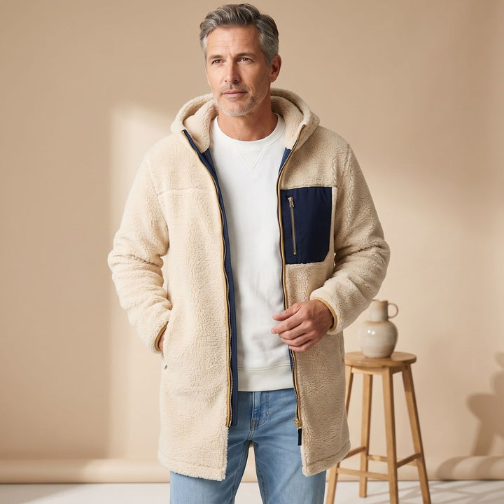 Herren Wintermantel wendbar Sherpa-Fleece mit Kapuze - Beige/Blau