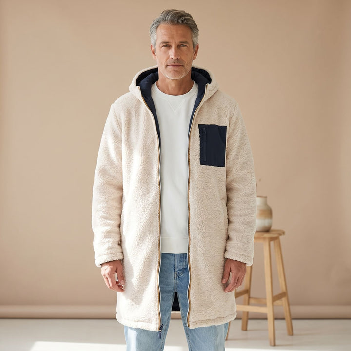 Herren Wintermantel wendbar Sherpa-Fleece mit Kapuze