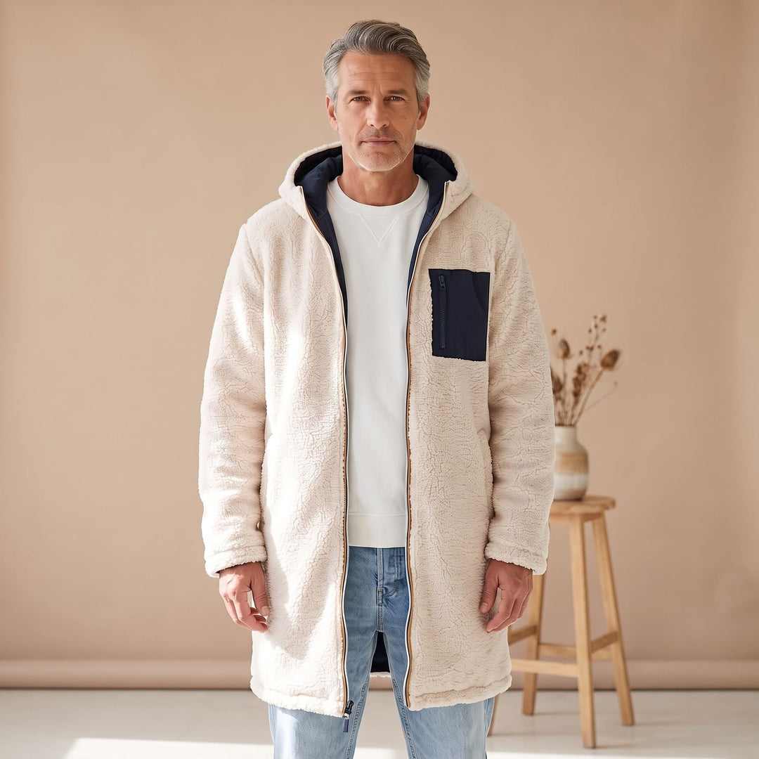Herren Wintermantel wendbar Sherpa-Fleece mit Kapuze