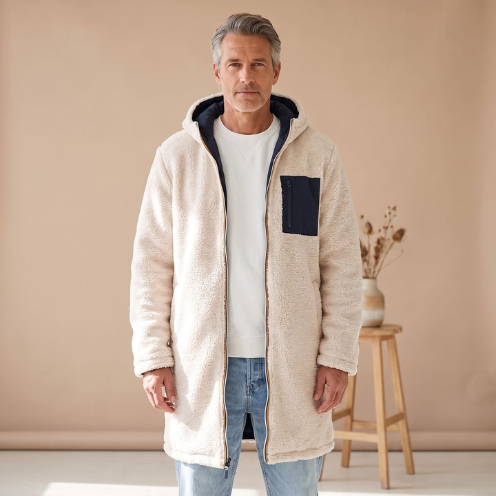 Herren Wintermantel wendbar Sherpa-Fleece mit Kapuze