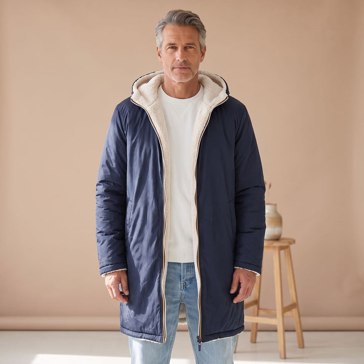 Herren Wintermantel wendbar Sherpa-Fleece mit Kapuze