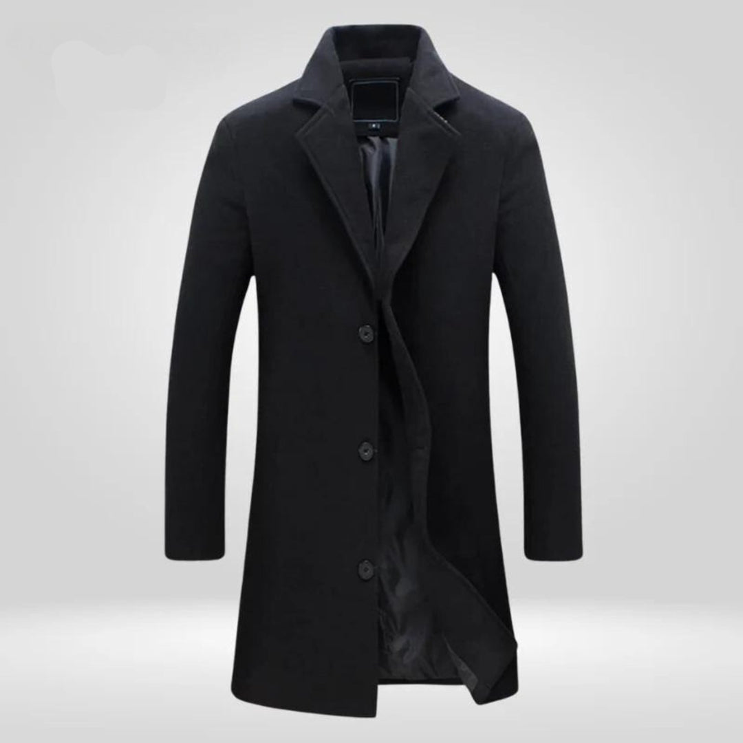 Herren Wool Coat Einreihiger Langer Wintermantel - Schwarz