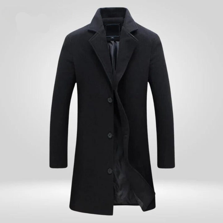 Herren Wool Coat Einreihiger Langer Wintermantel - Schwarz