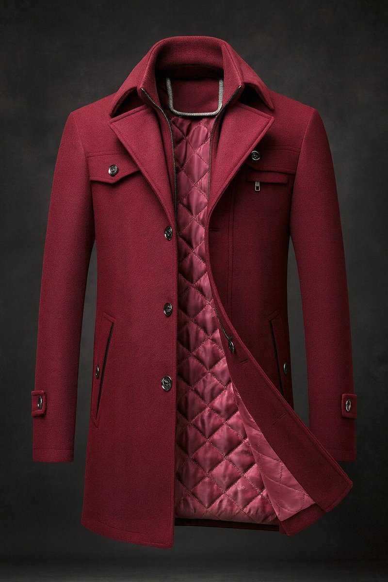 Herren Wool Coat gefütterter Wollmantel mit Doppelkragen - Burgunderrot