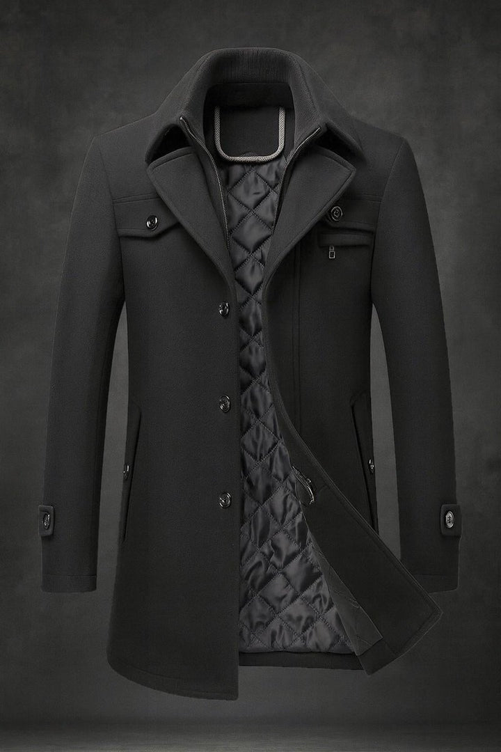 Herren Wool Coat gefütterter Wollmantel mit Doppelkragen - Schwarz