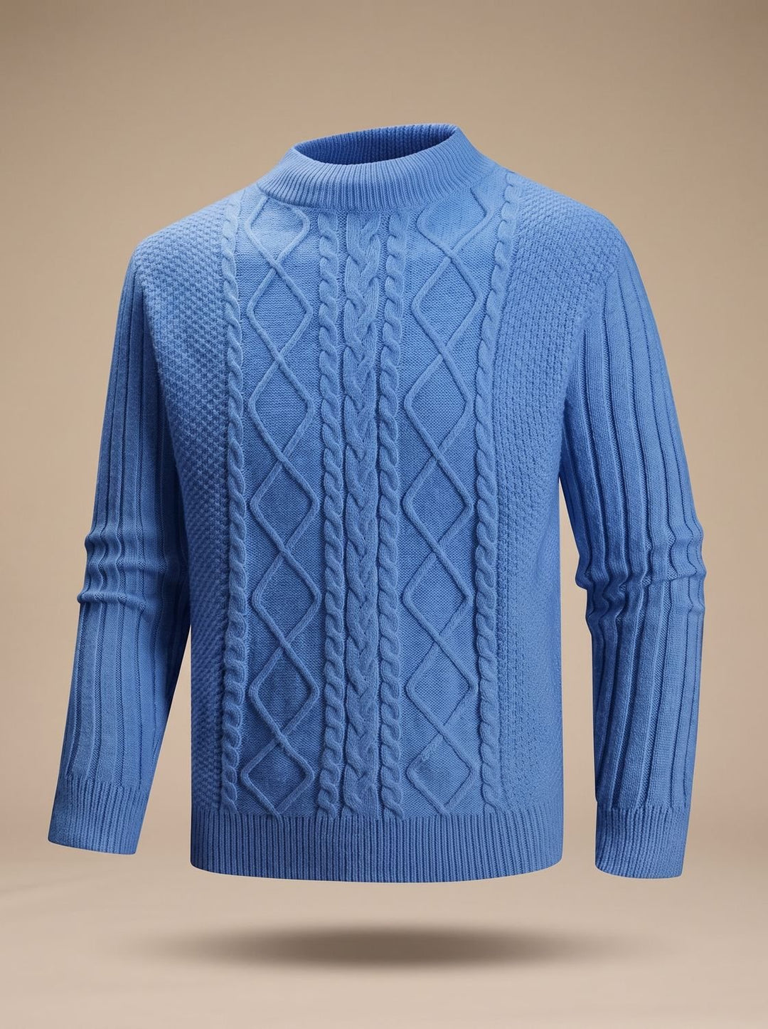 Herren Zopfmuster Feinstrick-Pullover mit kurzem Rollkragen Regular Fit, Blue - Blau