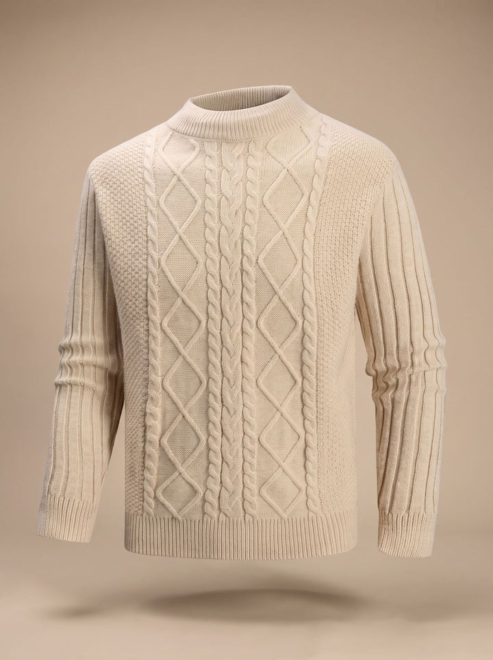 Herren Zopfmuster Feinstrick-Pullover mit kurzem Rollkragen Regular Fit, Blue - Khaki