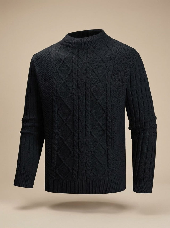 Herren Zopfmuster Feinstrick-Pullover mit kurzem Rollkragen Regular Fit, Blue - Schwarz