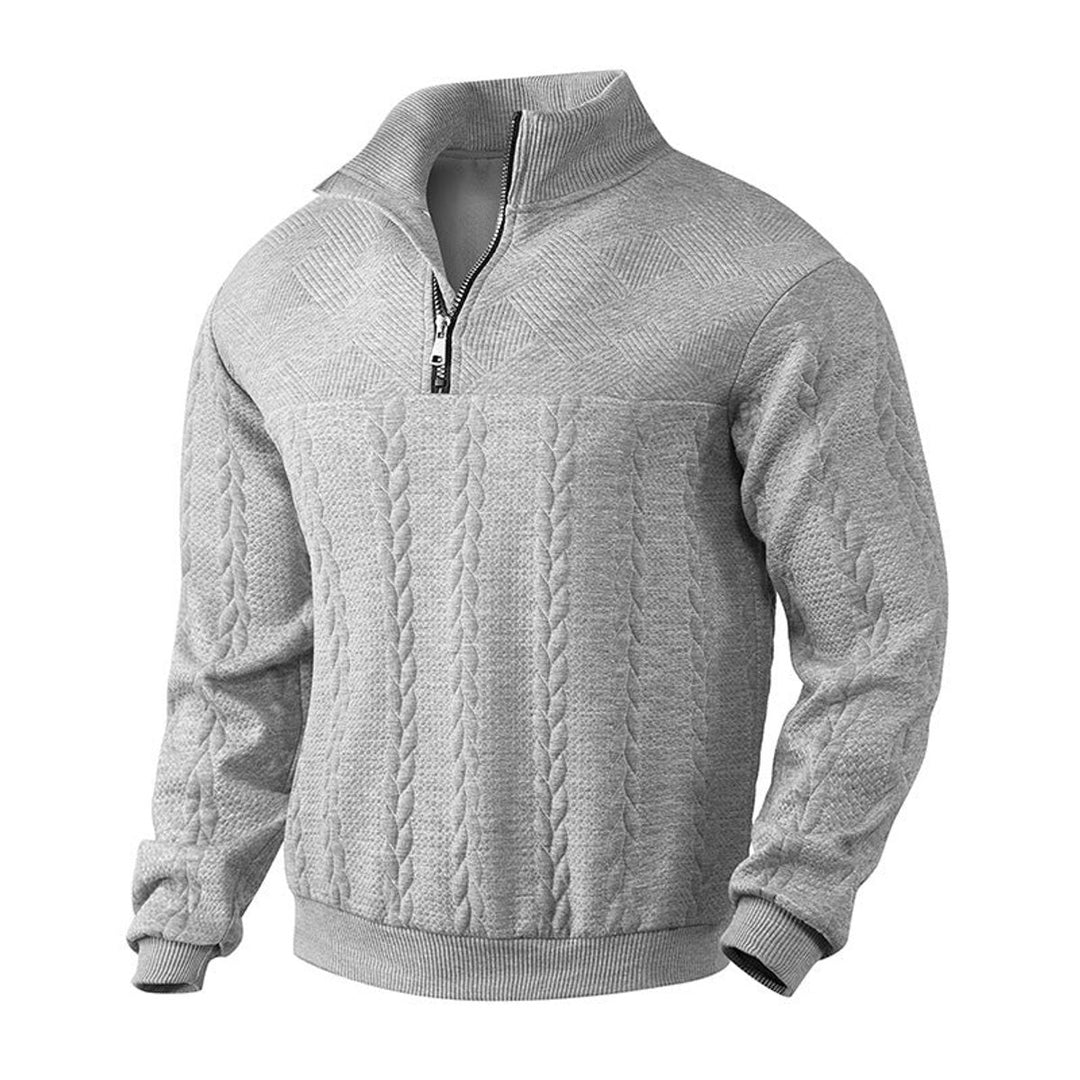 Herren Zopfstrick-Pullover mit Viertelreißverschluss Knit Sweater - Grau marmoriert