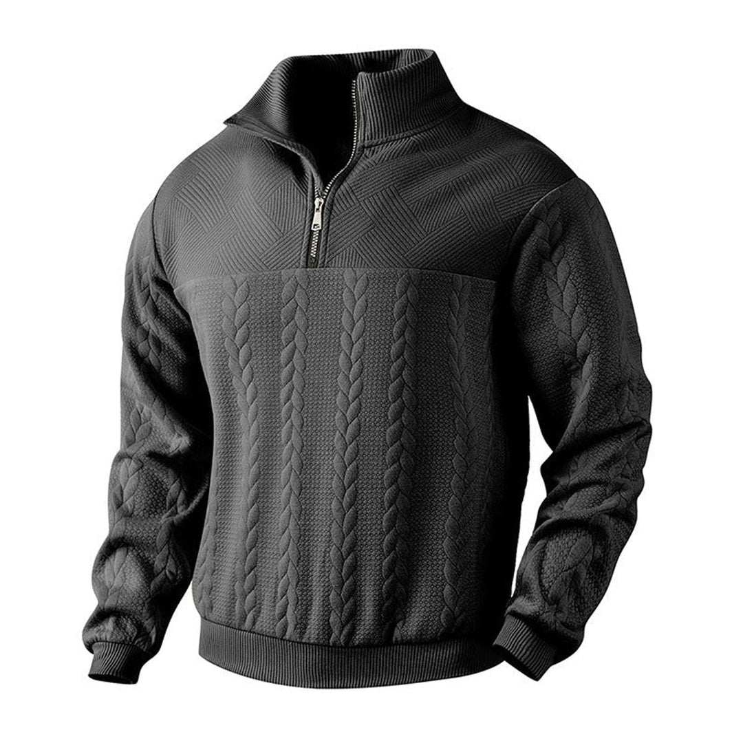 Herren Zopfstrick-Pullover mit Viertelreißverschluss Knit Sweater - Schwarz