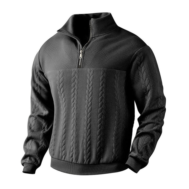 Herren Zopfstrick-Pullover mit Viertelreißverschluss Knit Sweater - Schwarz