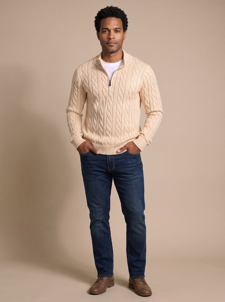 Herren Zopfstrick-Troyer Pullover mit Reißverschlusskragen - Khaki