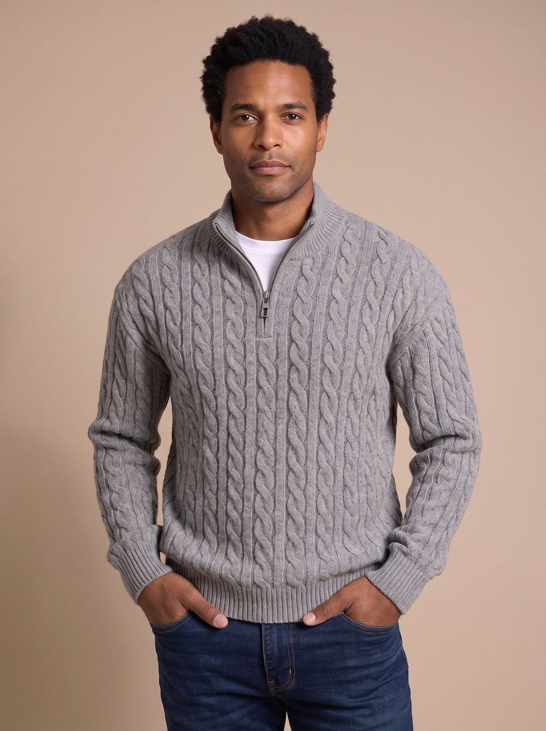 Herren Zopfstrick-Troyer Pullover mit Reißverschlusskragen - Grau