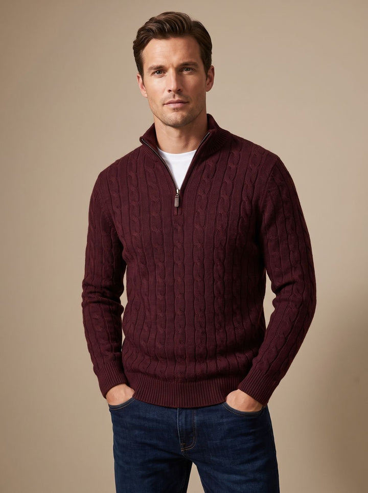 Herren Zopfstrick-Troyer Pullover mit Reißverschlusskragen - Dunkelrot