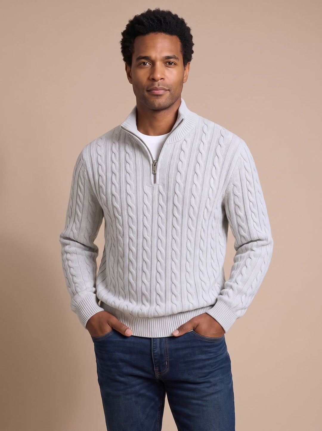 Herren Zopfstrick-Troyer Pullover mit Reißverschlusskragen - Weiß