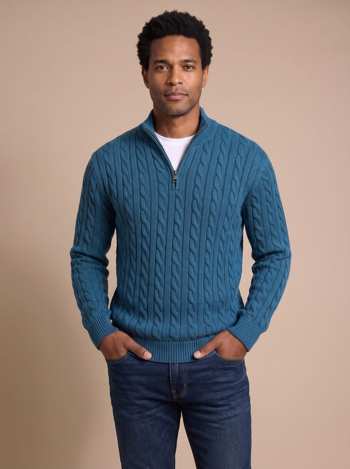 Herren Zopfstrick-Troyer Pullover mit Reißverschlusskragen - Blau