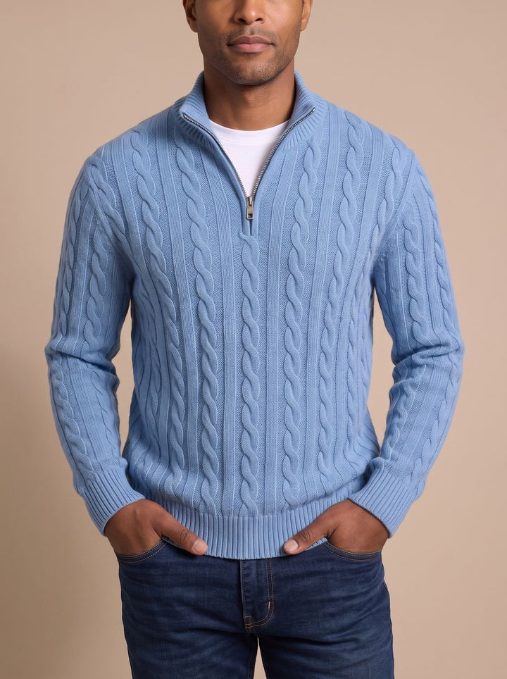 Herren Zopfstrick-Troyer Pullover mit Reißverschlusskragen - Hellblau
