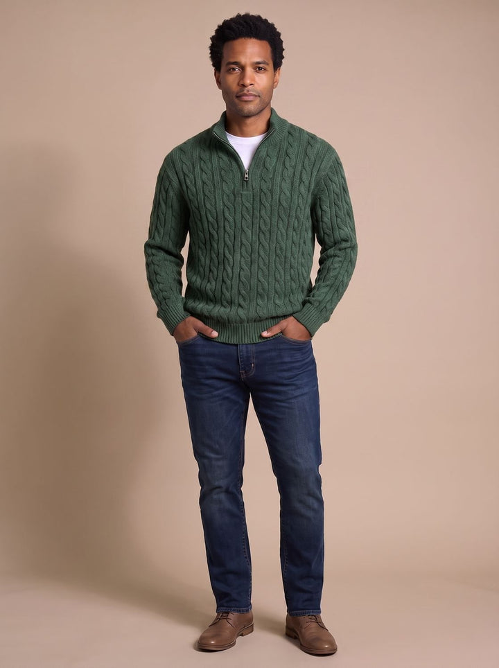 Herren Zopfstrick-Troyer Pullover mit Reißverschlusskragen - Grün