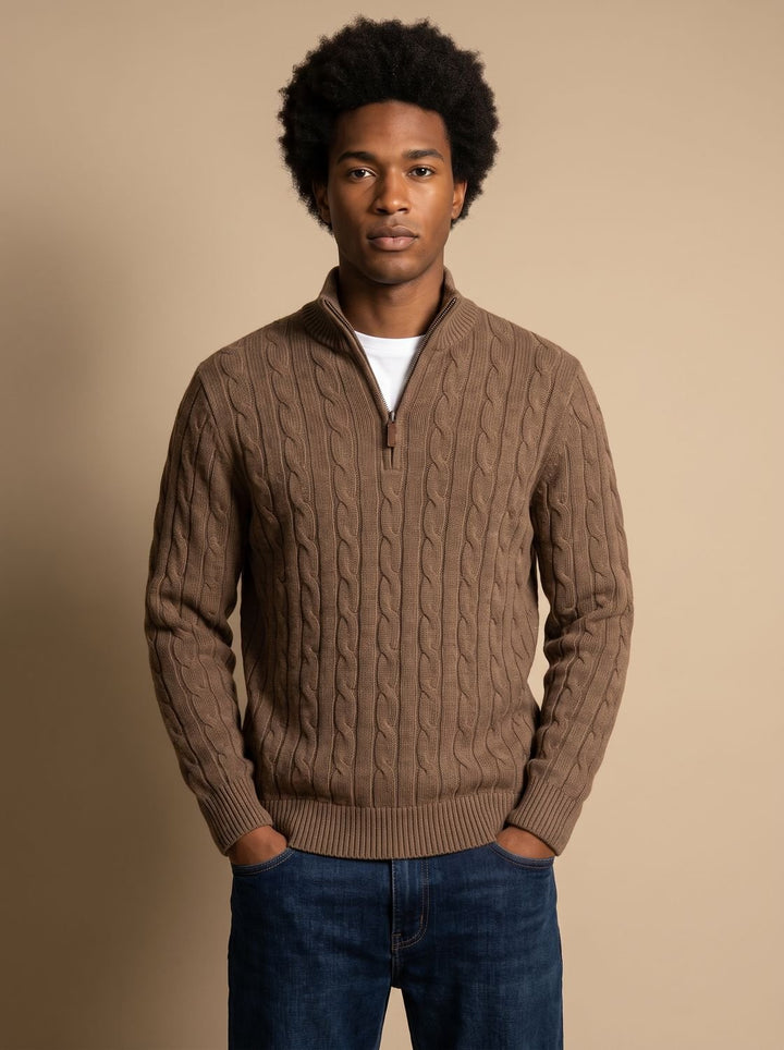 Herren Zopfstrick-Troyer Pullover mit Reißverschlusskragen - Braun