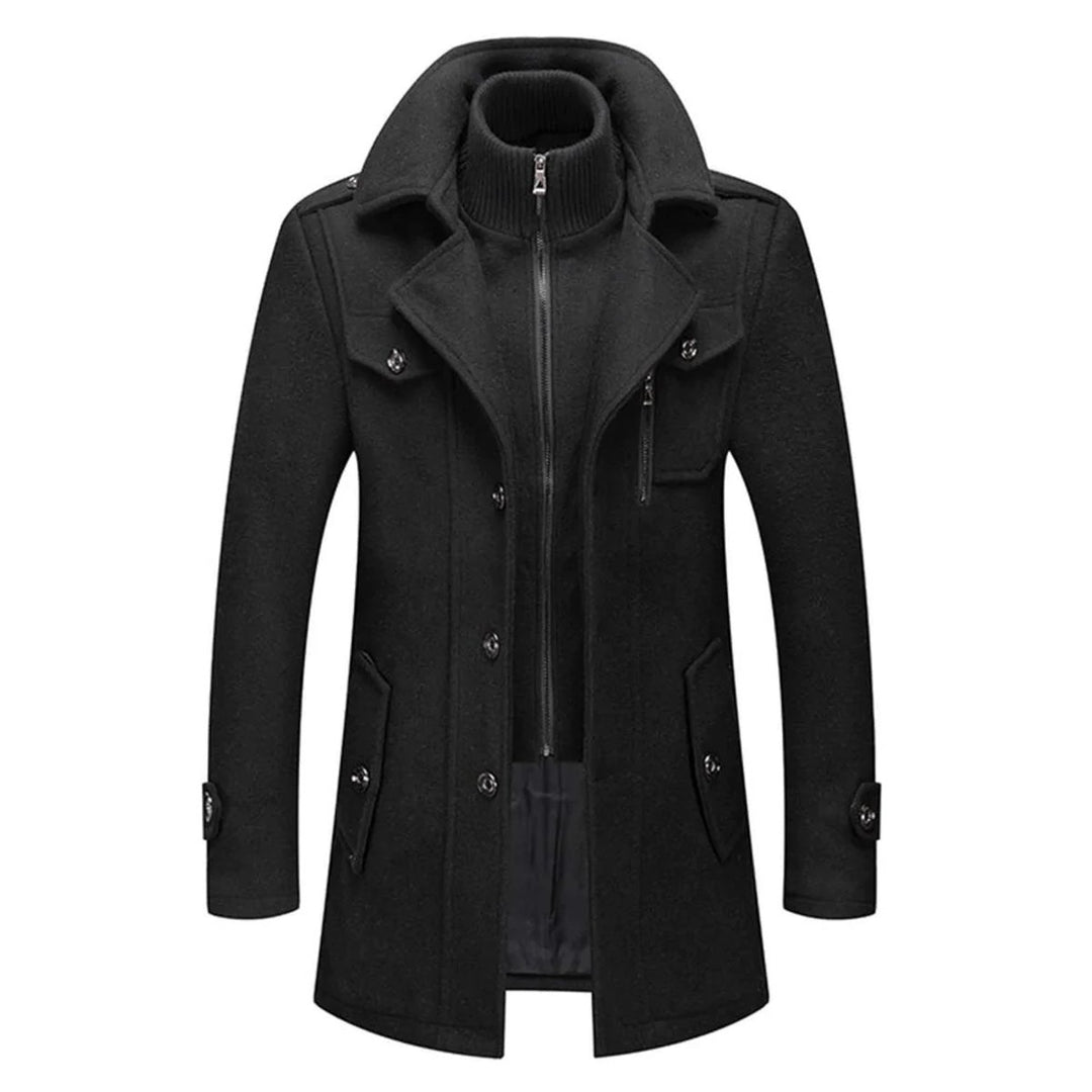 Herren Zweiteiliger Wollmantel Slim-Fit Wintermantel mit Strickkragen - Schwarz