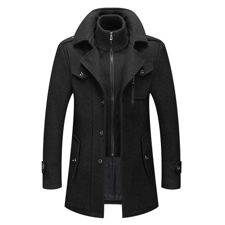 Herren Zweiteiliger Wollmantel Slim-Fit Wintermantel mit Strickkragen - Schwarz