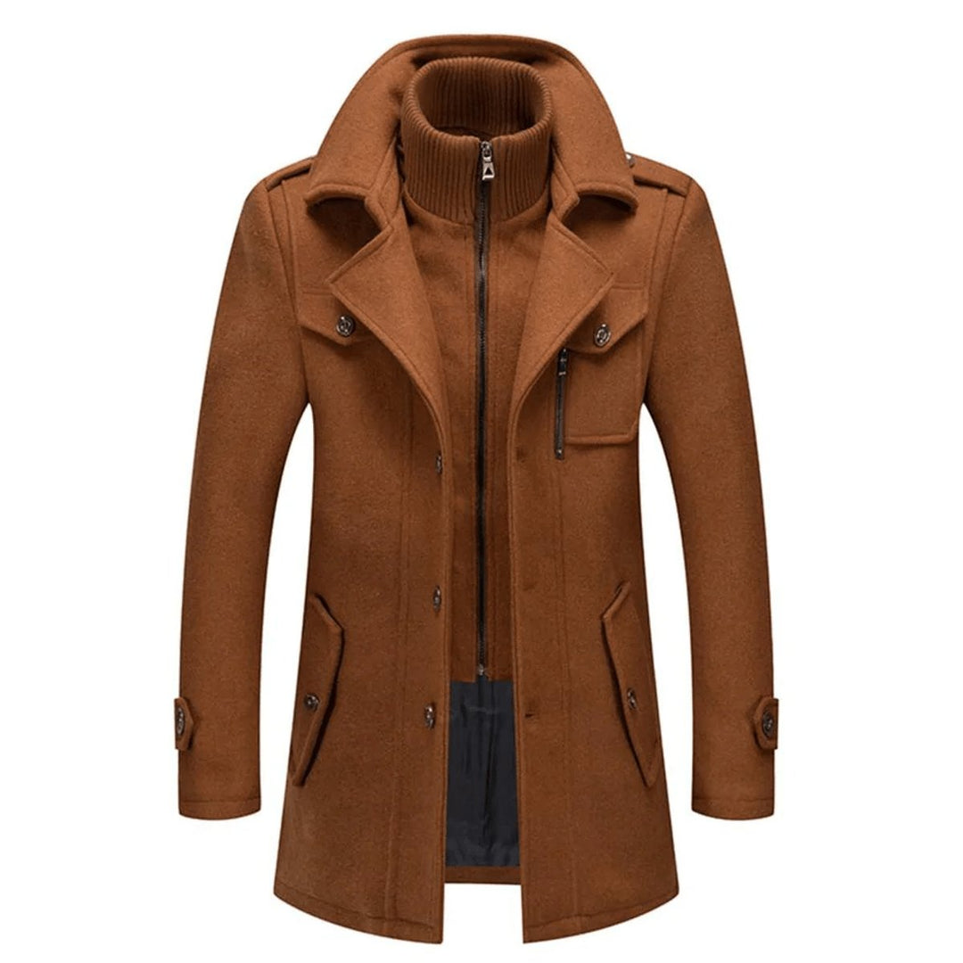 Herren Zweiteiliger Wollmantel Slim-Fit Wintermantel mit Strickkragen - Braun