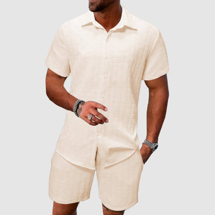 Herren Zweiteiliges Kurzarm Jacquard Set - Beige