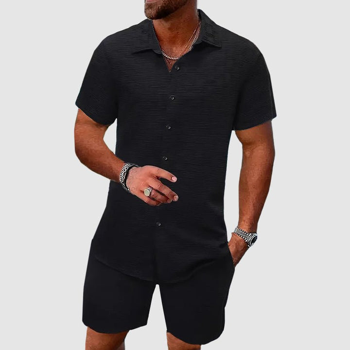 Herren Zweiteiliges Kurzarm Jacquard Set - Black