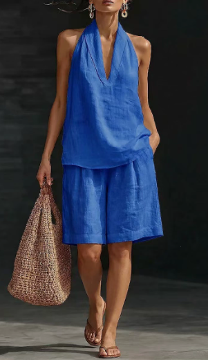 Annika | Damen Leinen-Baumwoll-Top Shorts Set Ärmellos Blau Paspeliert