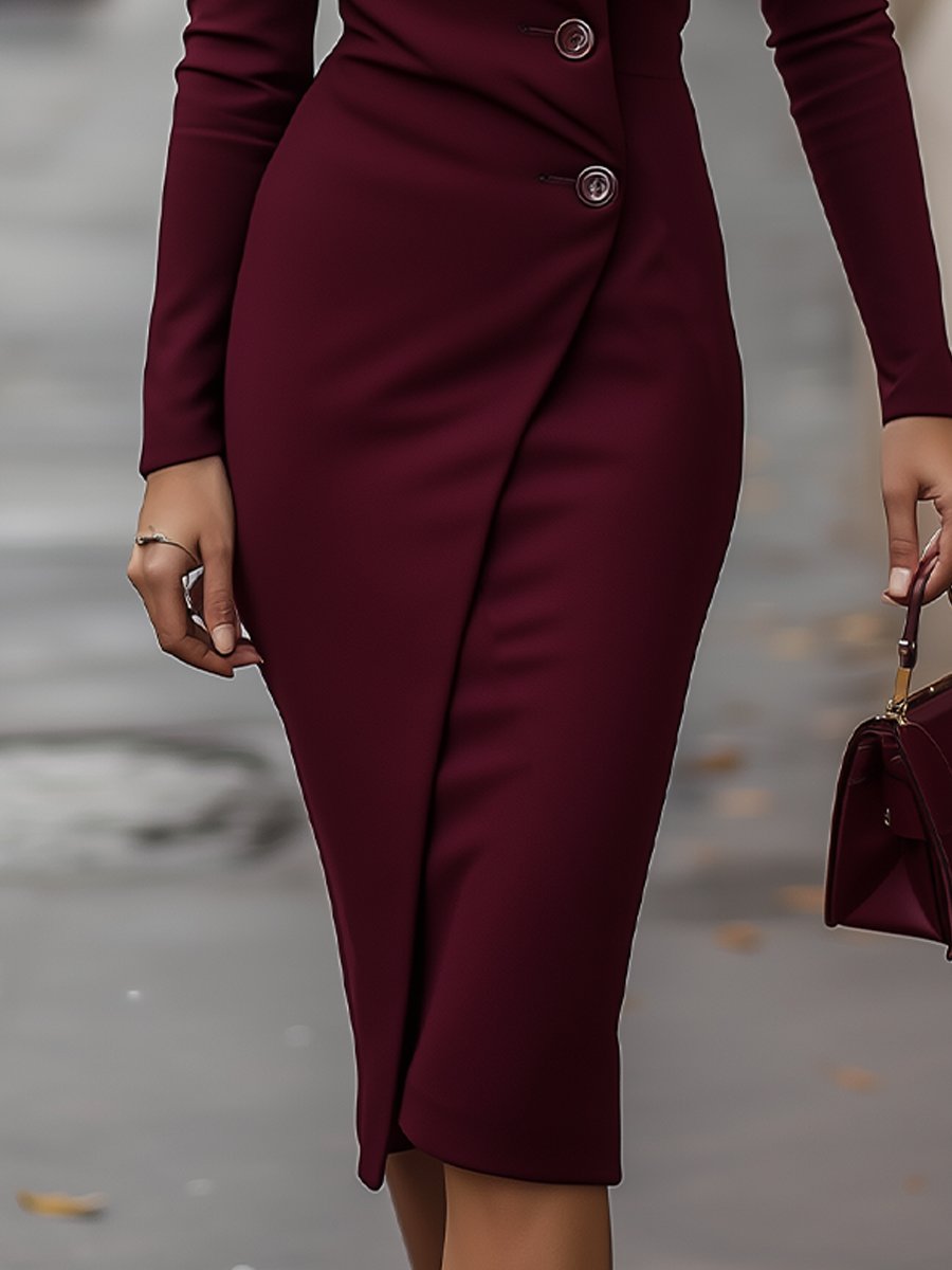 Katharina | Damen Herbst-Wickel-Midikleid mit Knopfleiste