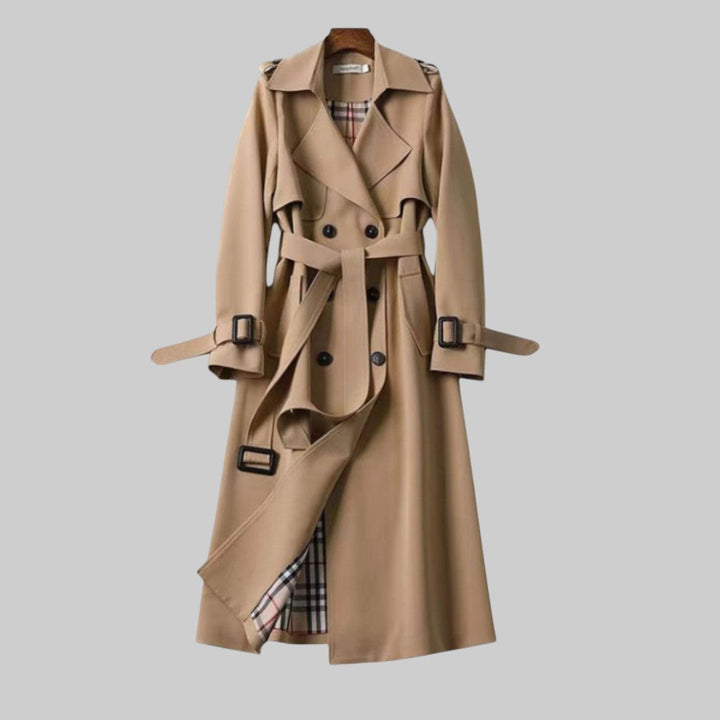 Helga | Damen Langer Doppelreihiger Trenchcoat Mit Gürtel