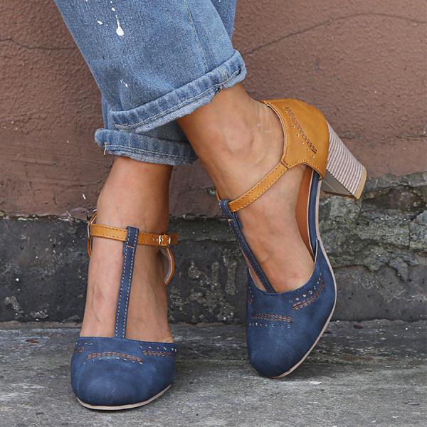 Lara | Damen Vintage T-Steg Pumps Mit Blockabsatz