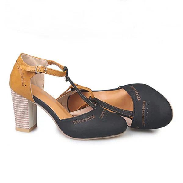 Lara | Damen Vintage T-Steg Pumps Mit Blockabsatz