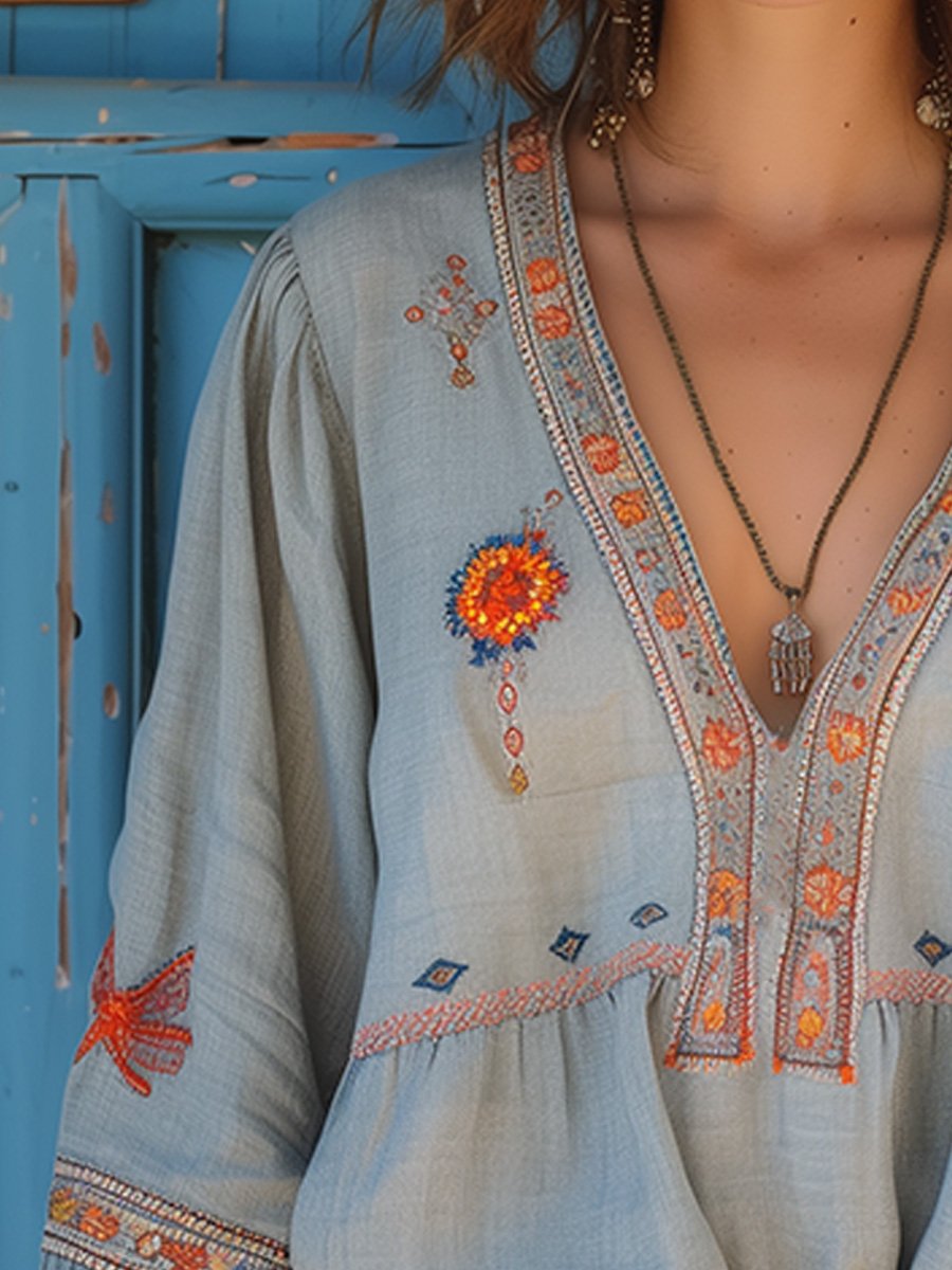 Yvonne | Damen Boho-Bluse mit Stickerei und V-Ausschnitt