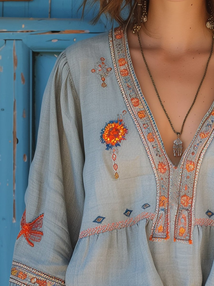 Yvonne | Damen Boho-Bluse mit Stickerei und V-Ausschnitt