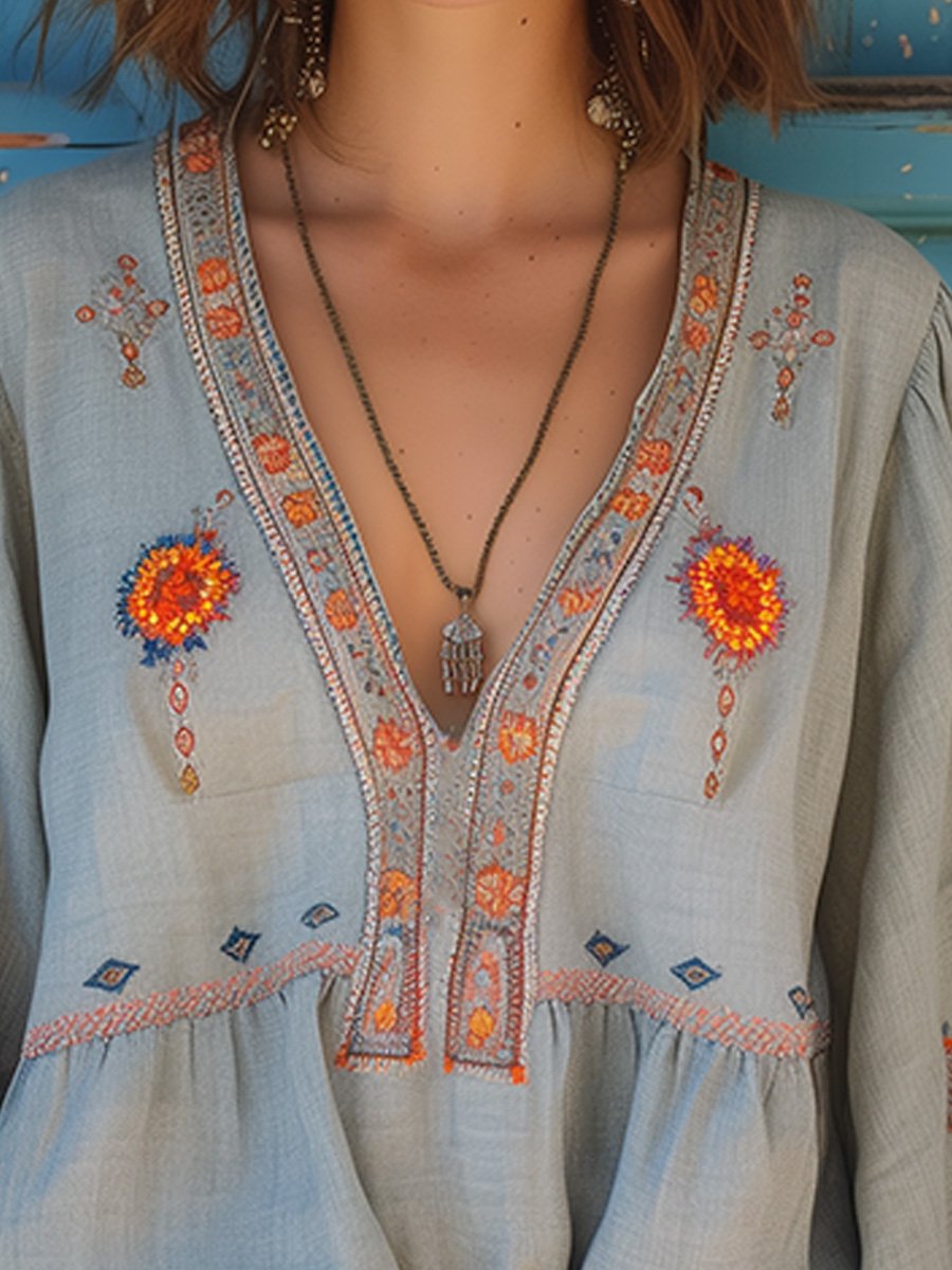 Yvonne | Damen Boho-Bluse mit Stickerei und V-Ausschnitt